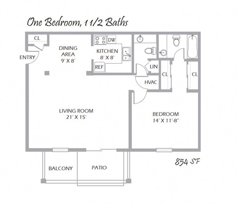 Floor plan for 1 bed, 1.5 baths, 854 sqft